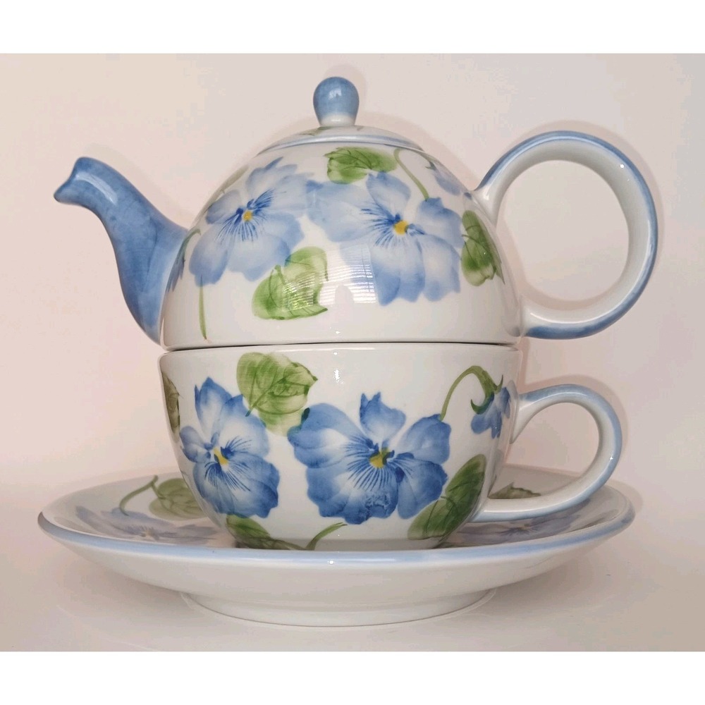 Andrea By Sadek Tea for One Stackable 4 Pc China Set Cup Saucer Pot Blue Floral